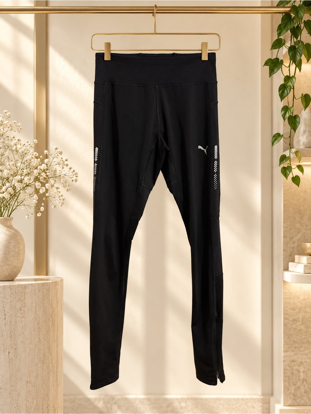 Puma Black Reflective Running Leggings Size 3 Ankle Zip Mesh Athletic Tights